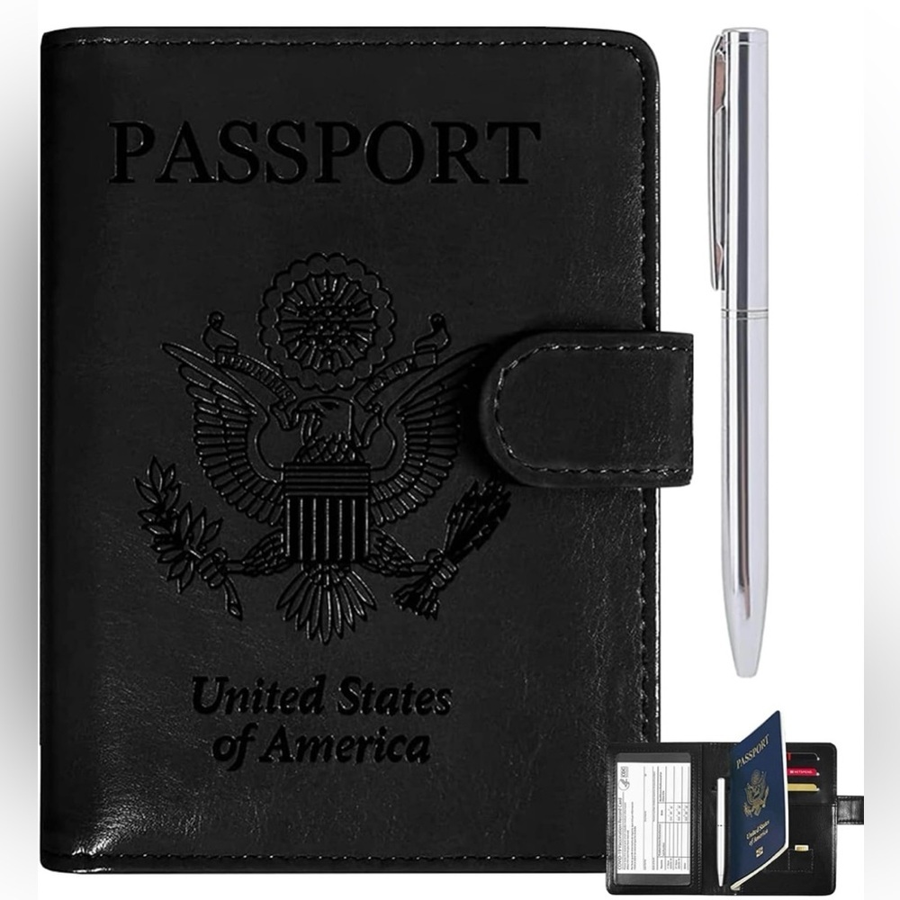 Black Faux Leather Passport & Vaccine Card Holder Travel Wallet Snap Closure #2